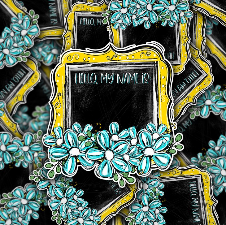 Hello My Name Is Chalkboard and Aqua Flowers [Print & Cut Sticker]