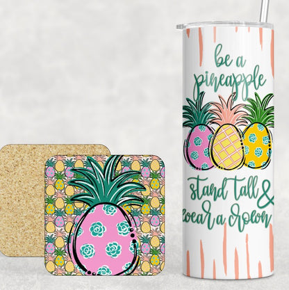 Summer Pineapple Sublimation Set [PNG Pattern Overlay, Round Coaster, Square Coaster, Tumbler, Garden Flag]