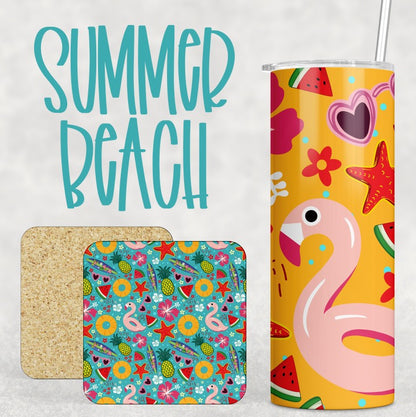 Summer Beach Sublimation Set [PNG Pattern Overlay, Round Coaster, Tumbler, Seamless Paper]