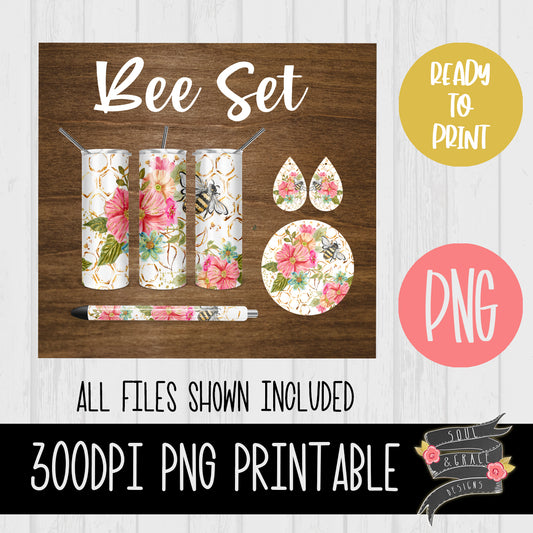 Bee Tumbler, Pen Wrap, Circle and Teardrop Earring Set