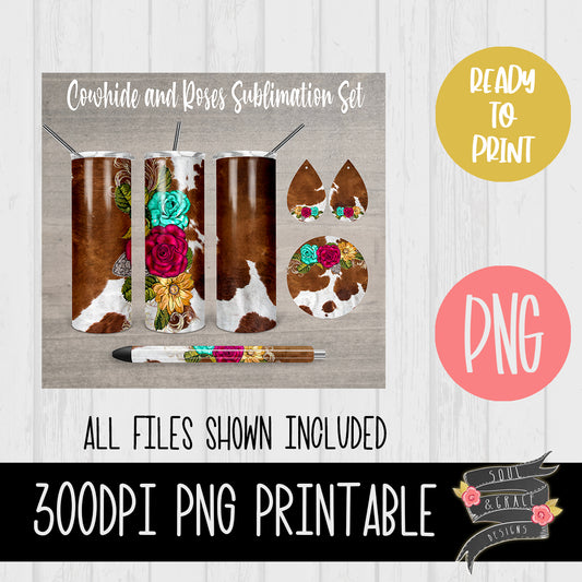 Cowhide and Roses Tumbler, Pen Wrap, Circle and Teardrop Earring Set