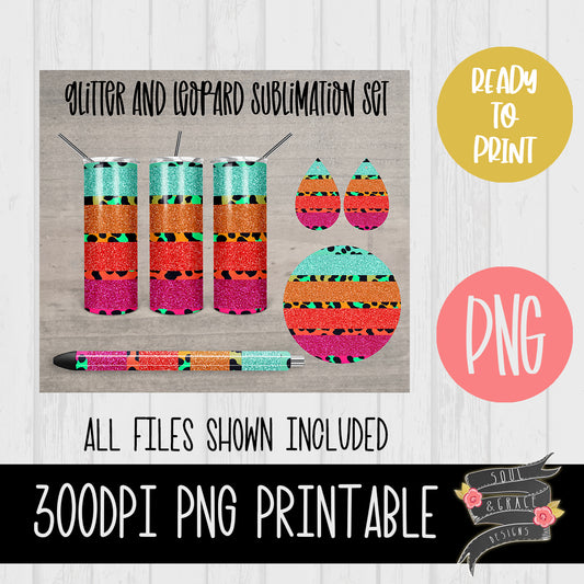 Glitter and Bright Leopard Tumbler, Pen Wrap, Circle and Teardrop Earring Set