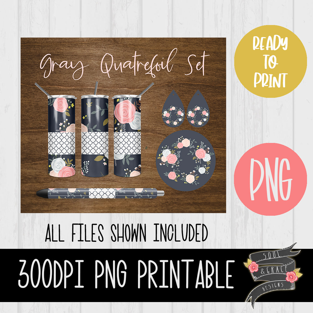 Gray Quatrefoil and Roses Tumbler, Pen Wrap, Circle and Teardrop Earring Set