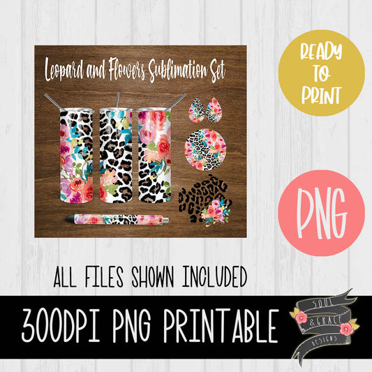 Leopard and Flowers Tumbler, Pen Wrap, Circle and Teardrop Earring Set