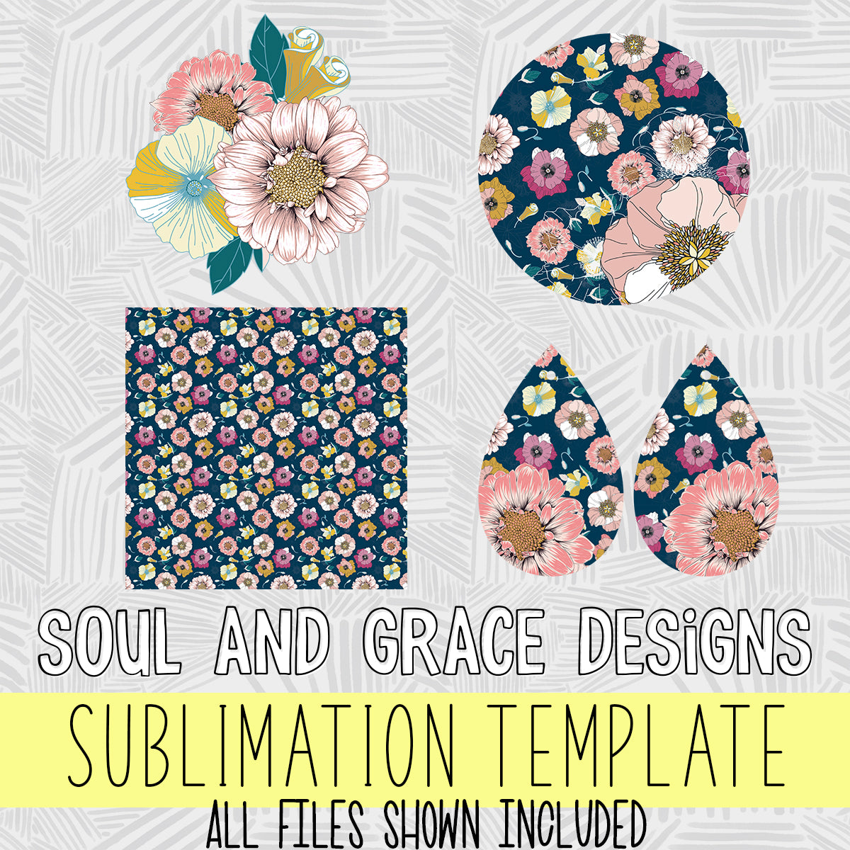 Navy Fall Flowers Sublimation Set - Seamless Pattern/Paper, Earrings, Coaster and Element