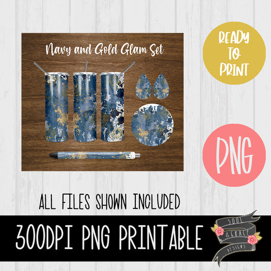 Navy and Gold Glam Tumbler, Pen Wrap, Circle and Teardrop Earring Set