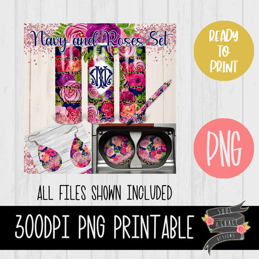 Navy and Roses Tumbler, Pen Wrap, Circle and Teardrop Earring Set