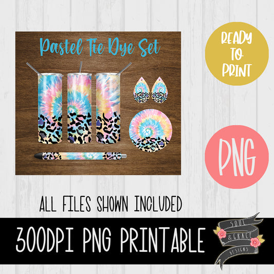 Pastel Tie Dye and Leopard Tumbler, Pen Wrap, Circle and Teardrop Earring Set