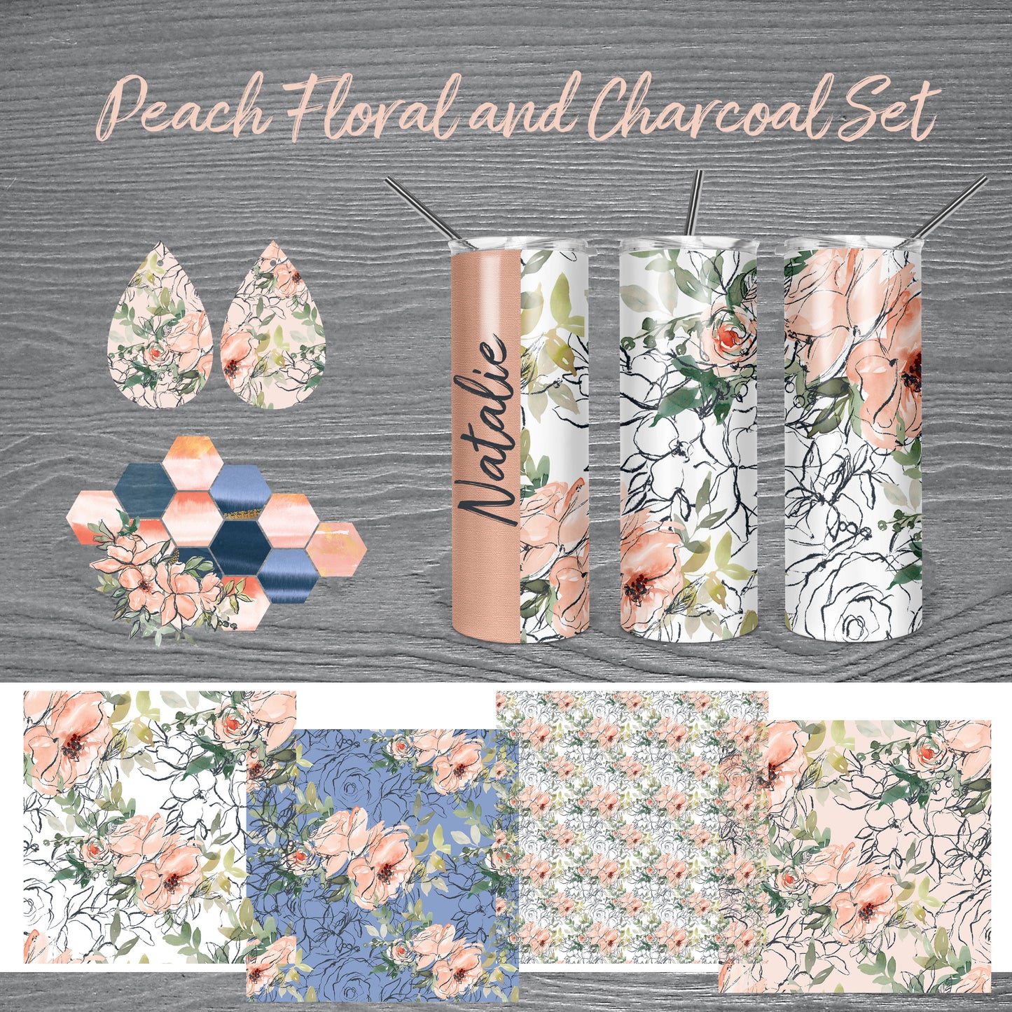 Peach Floral And Charcoal Sublimation Set