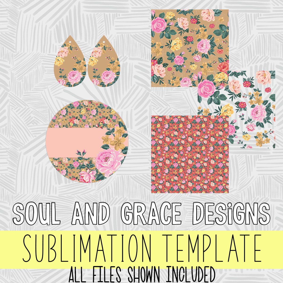 Romantic Floral Sublimation Template Set [Earrings, Circle, Seamless Overlay, Pattern Papers]