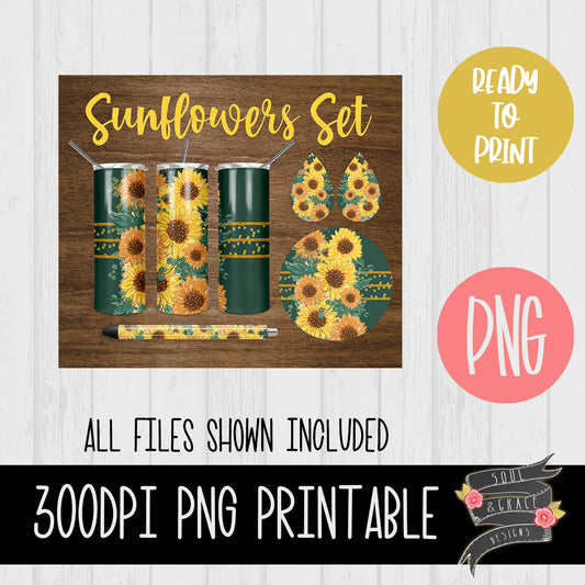 Sunflowers Tumbler, Pen Wrap, Circle and Teardrop Earring Set