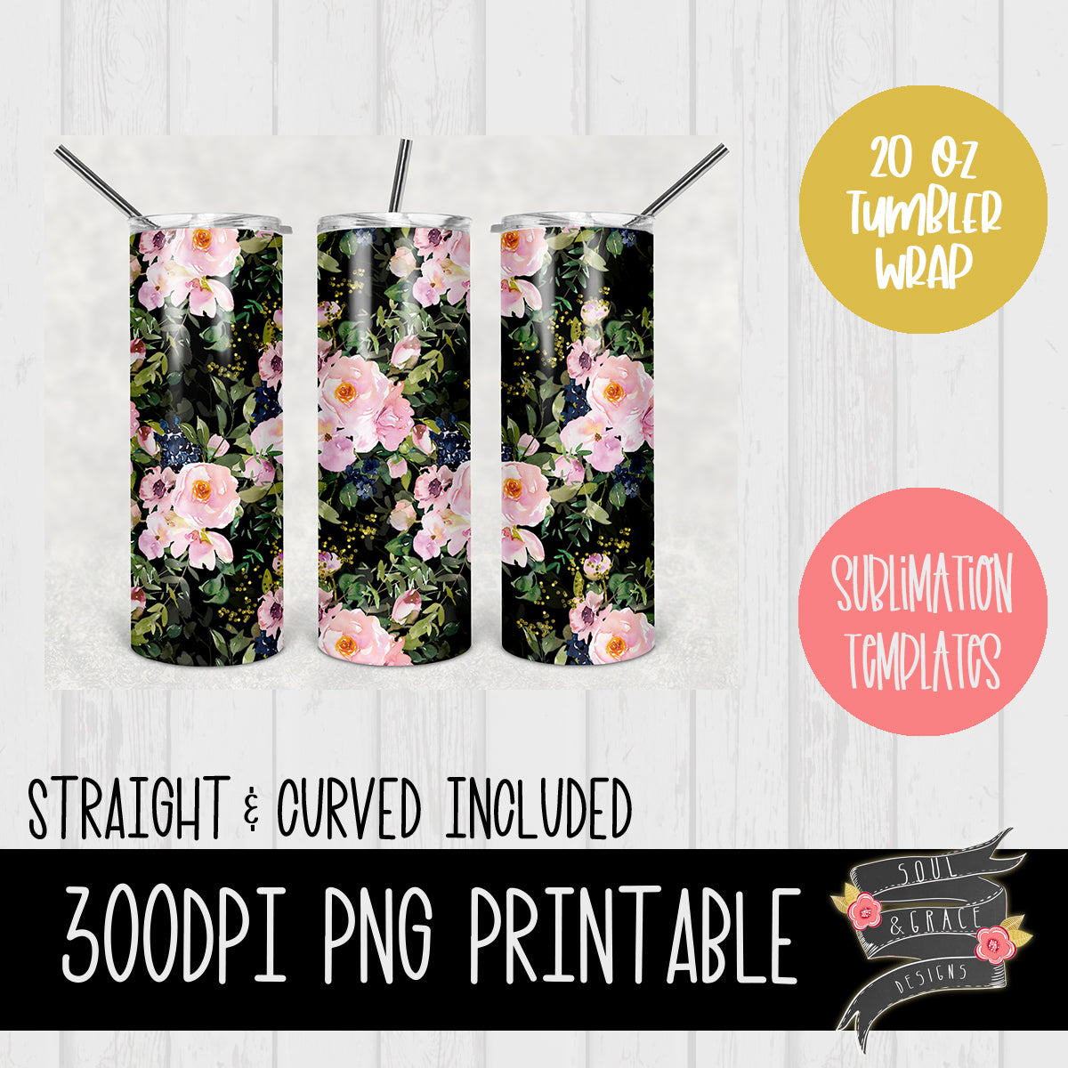 Black and Pink Floral with Glitter  [20oz tumbler wrap]
