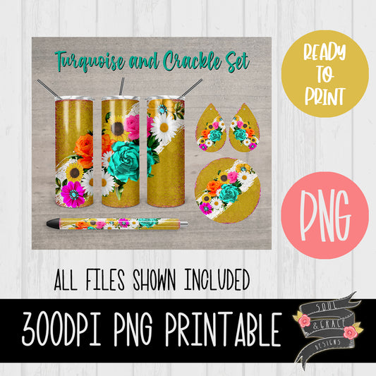 Turquoise and Crackle Tumbler, Pen Wrap, Circle and Teardrop Earring Set