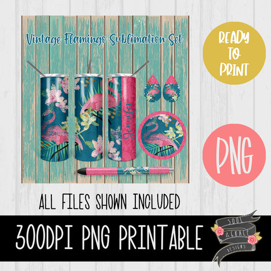 Vintage Flamingo Tumbler, Pen Wrap, Circle and Teardrop Earring Set