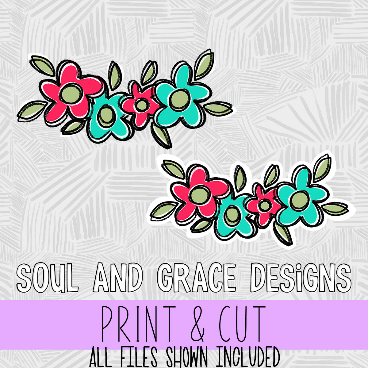Aqua and Coral Flowers  [Print & Cut Sticker]